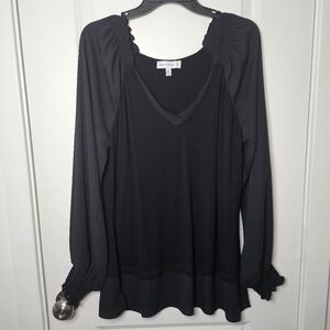 Women's Black Long Semi Sheer Sleeve Chiffon Blouse Ruffle Cuffs V-Neck Size XL